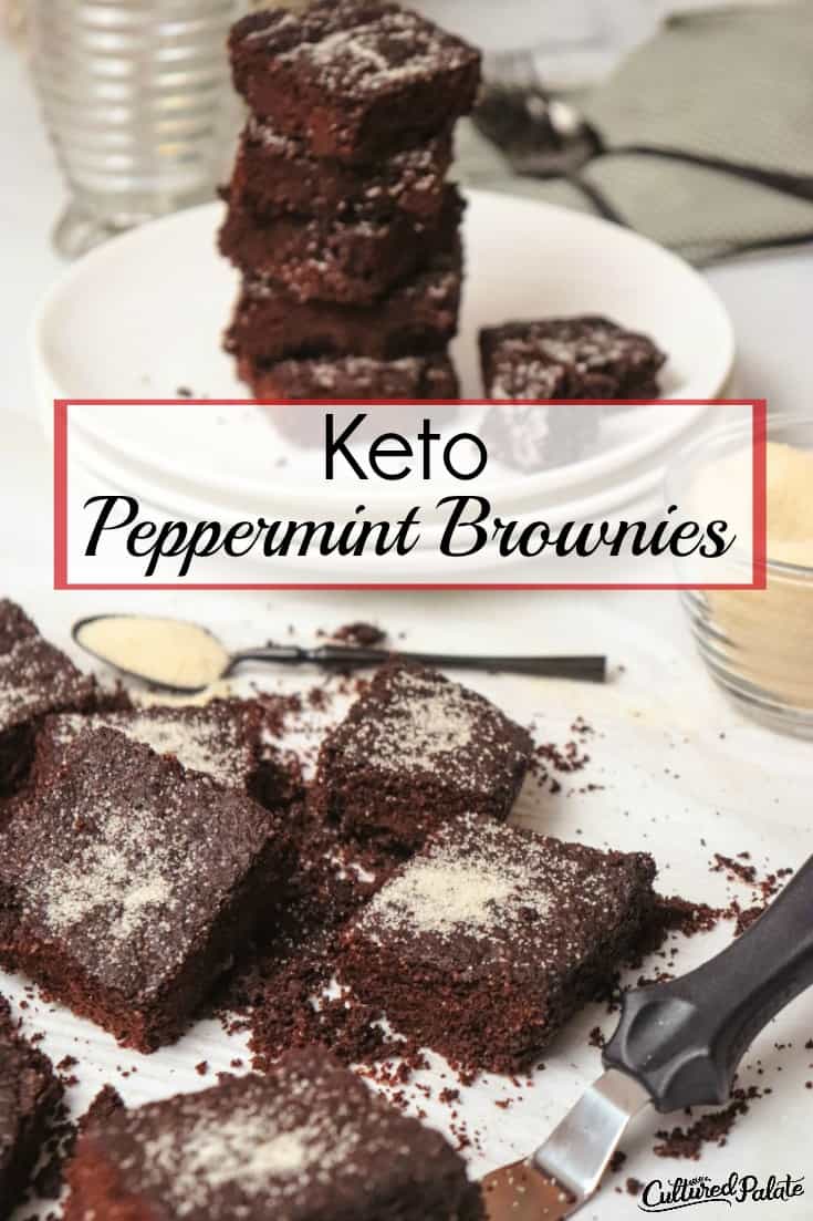 Closeup of cut Keto Peppermint Brownies with a plate of brownies in the background.