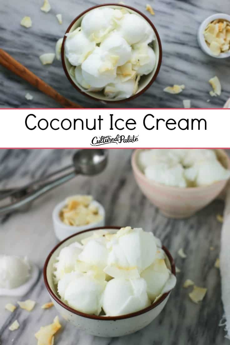 Coconut Ice Cream shown from overhead in scoops and served in a bowl with ice cream scoop to the side and text overlay.