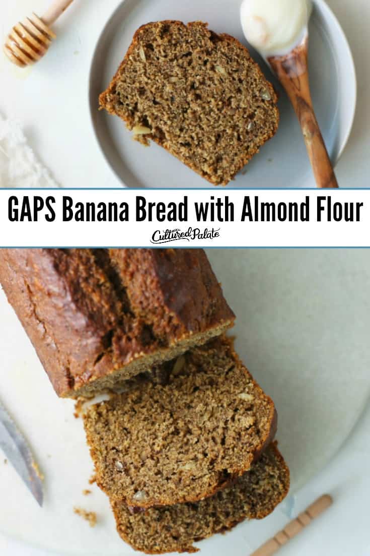 A slice and a loaf of gluten-free banana bread on white background with text overlay.