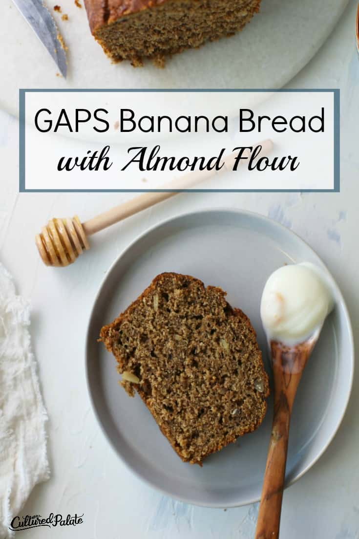 Gluten free Banana Bread with Almond Flour show from overhead with text overlay.