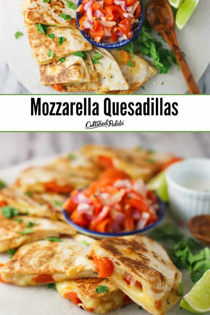 Mozzarella Quesadillas served on white plate shown from overhead and the side with text overlay.