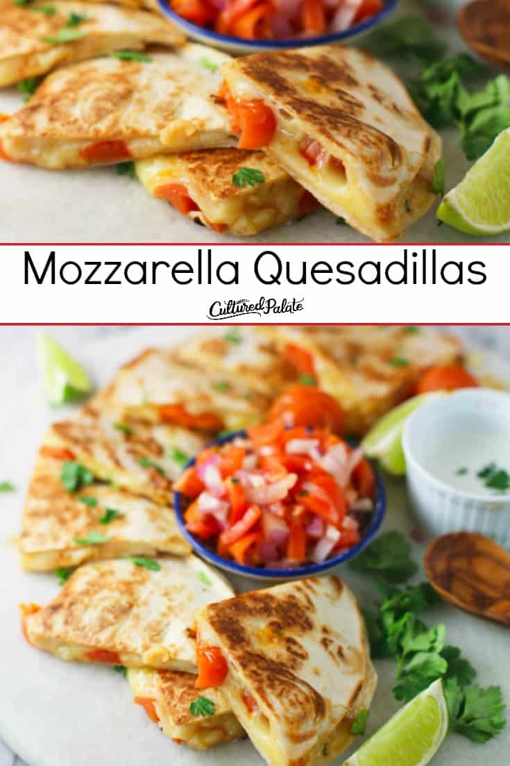 Mozzarella Quesadillas close up and from above with text overlay.