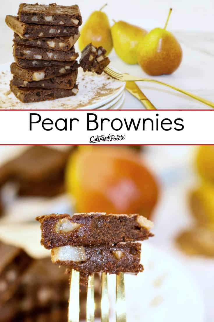 Pear Brownies on a fork and another image stacked on a plate making a collage with text ovelay.