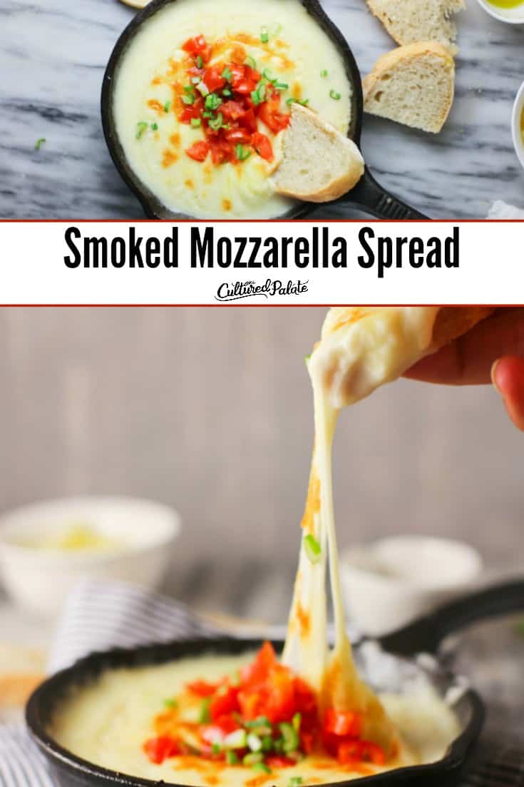 Smoked Mozzarella Spread shown from overhead and bread being dipped into it with text overlay.