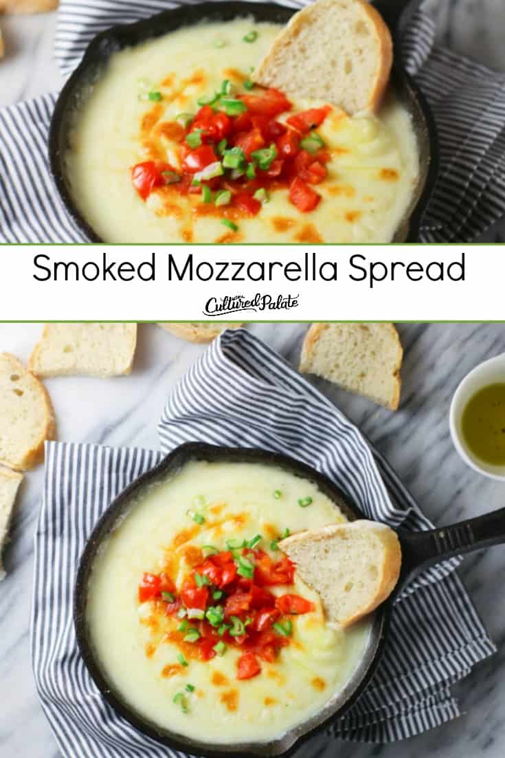 Garnished Smoked Mozzarella Spread shown in cast iron skillet on striped napkin and text overlay.