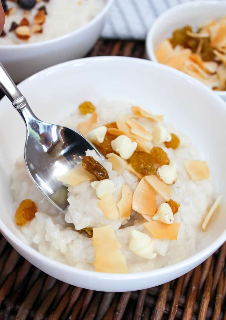 cream of rice in a white bowl with a spoon