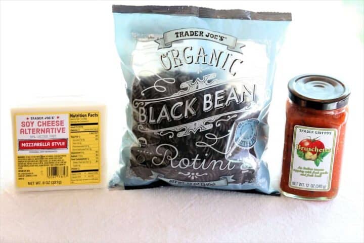 ingredients including soy cheese, trader joes  black bean rotini, bruschetta red sauce