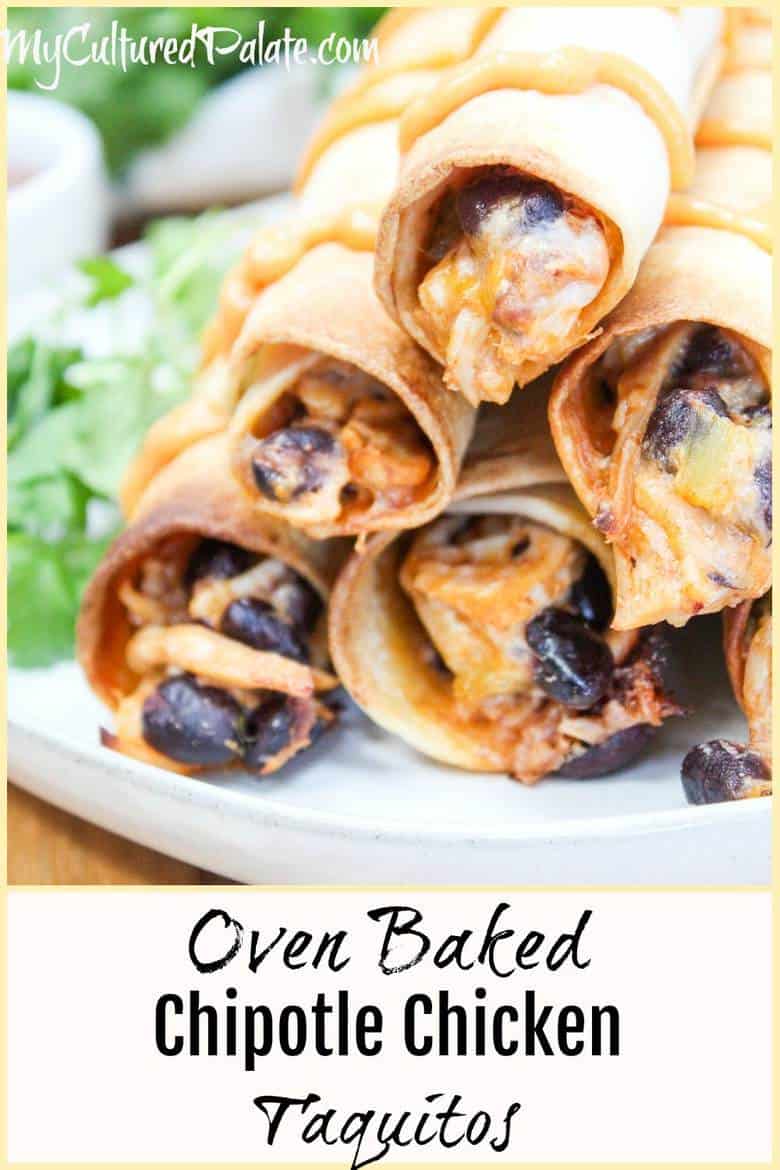 Oven Baked Chipotle Chicken Taquitos stacked on a plate